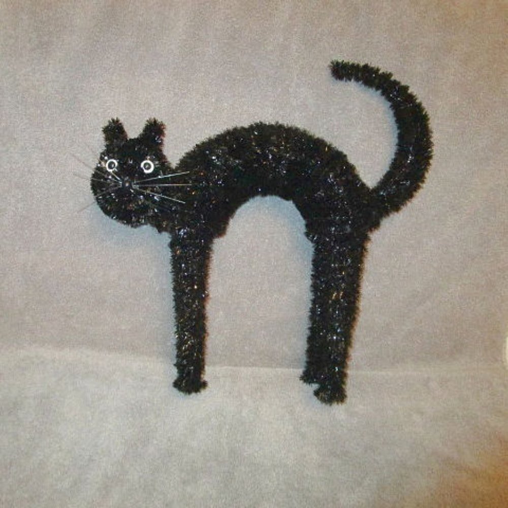 80s Vtg Halloween Tinsel Wire Black Cat Arched Back Wall Hang Yard Decor 17"